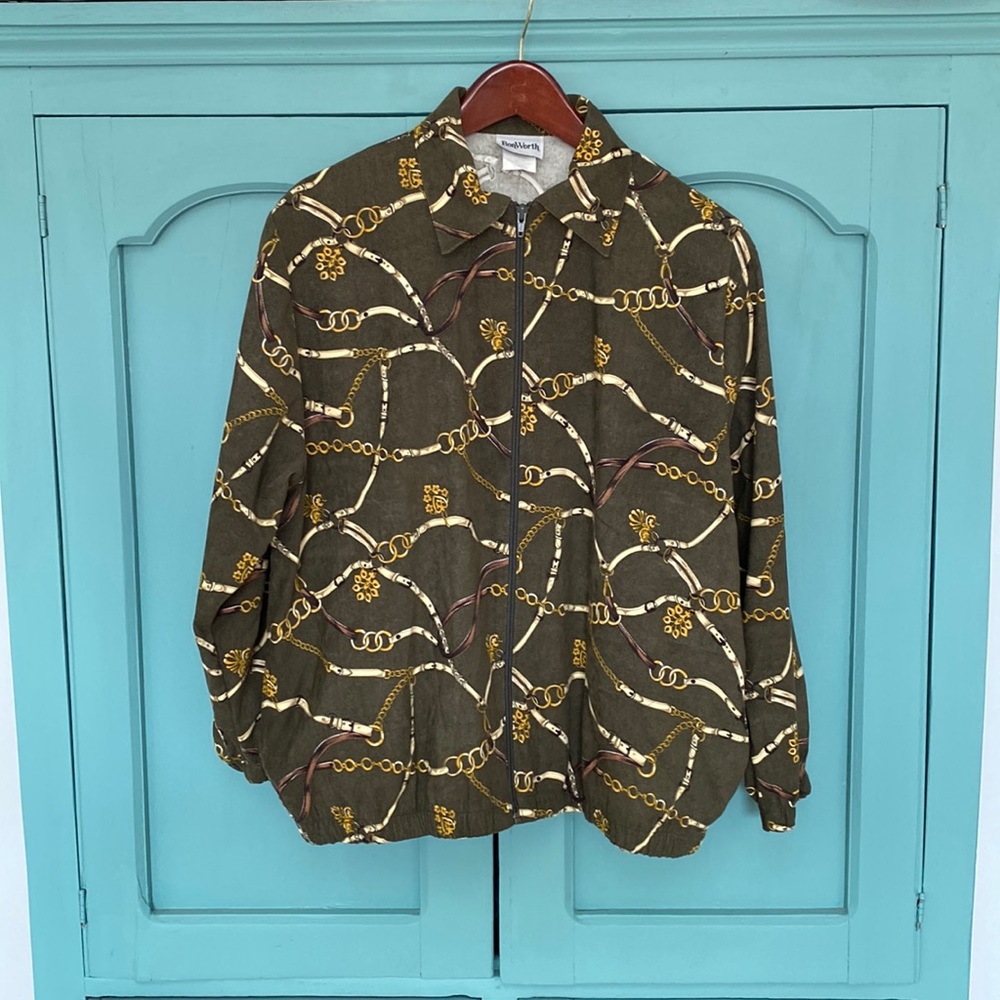 VTG BonWorth Equestrian Print Jacket. L/XL P. Green with Gold & Brown Print